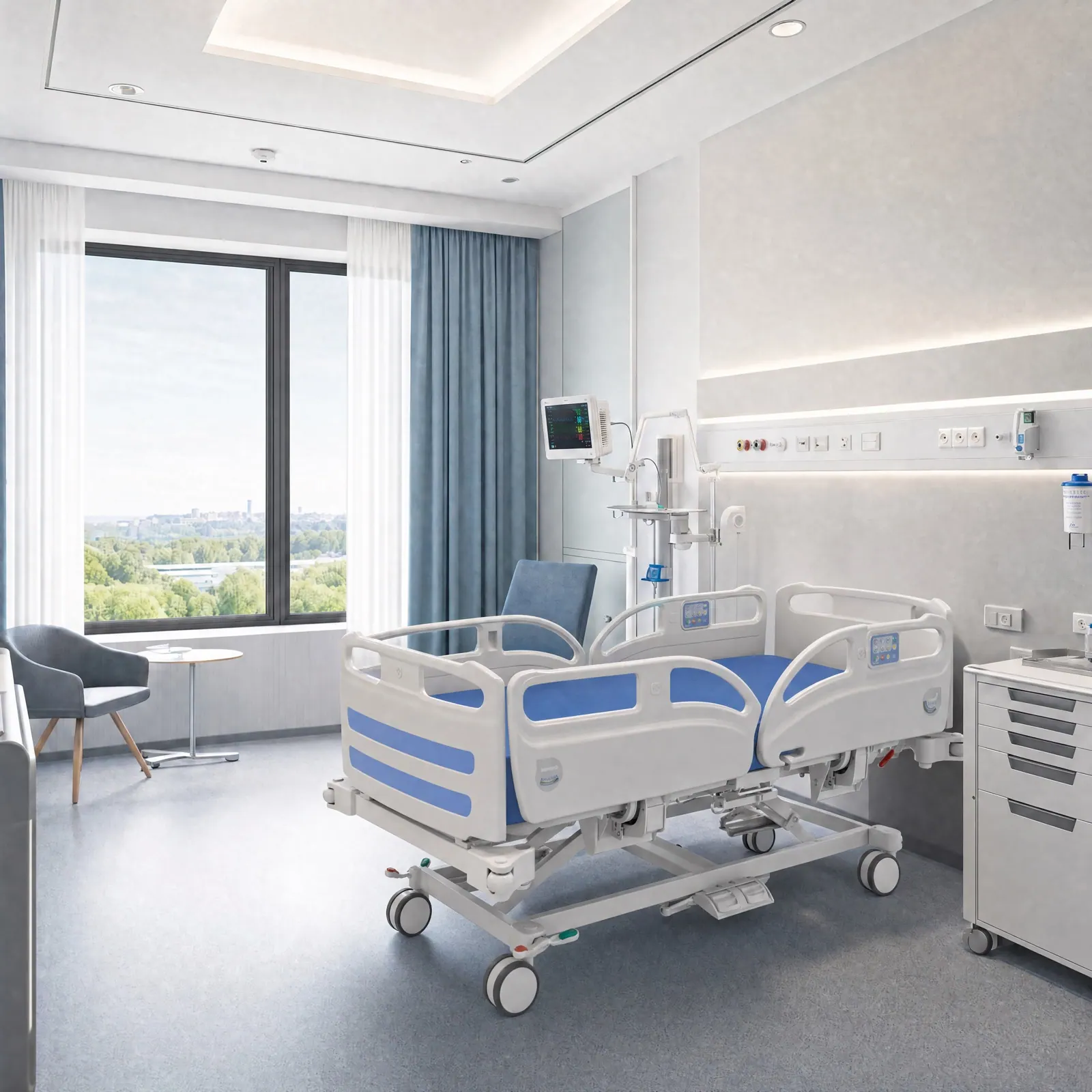 Habitación hospitalaria moderna equipada con mobiliario europeo