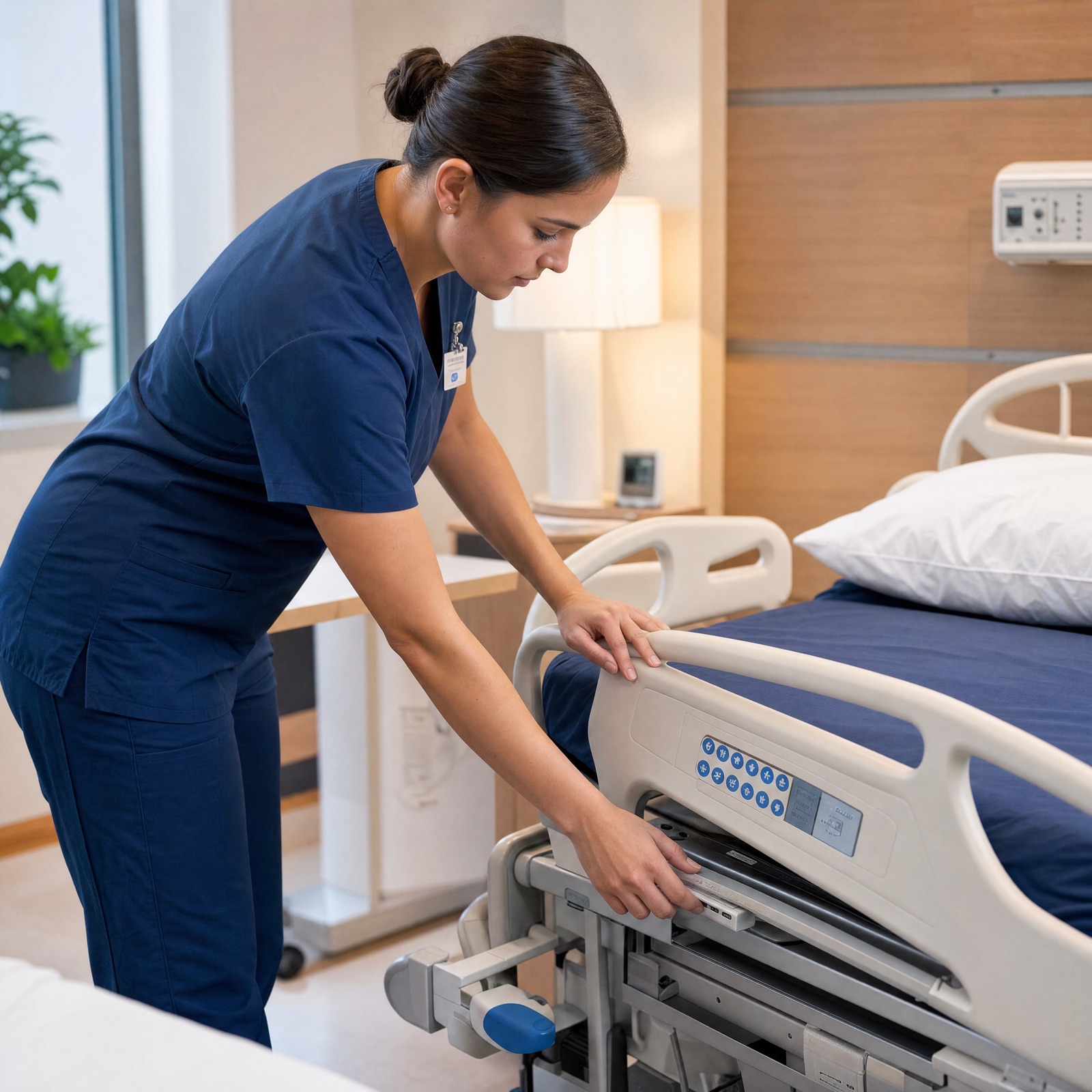 Técnico revisando una cama hospitalaria